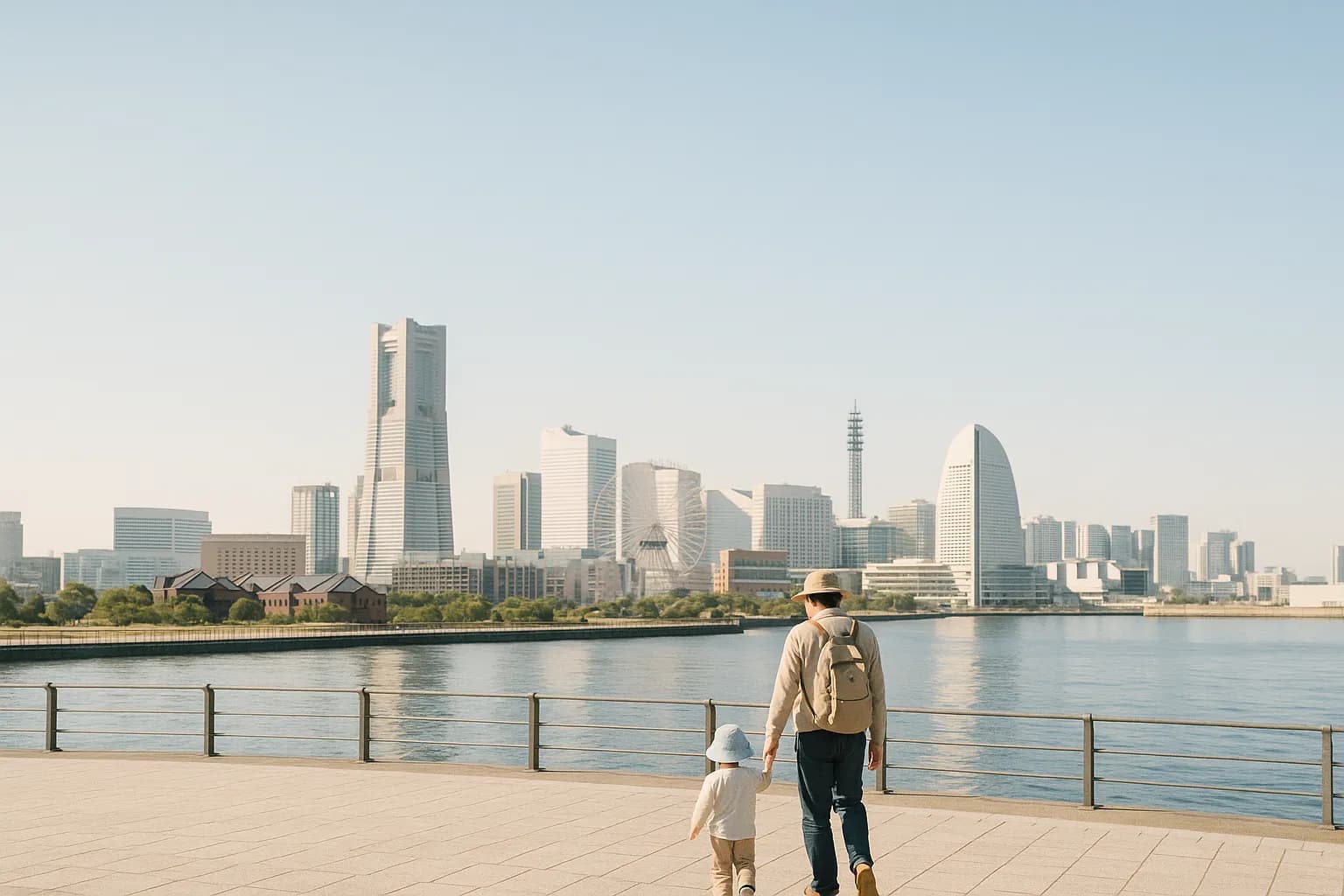 晴れた日にみなとみらいの海辺を歩く親子と横浜の港の景色